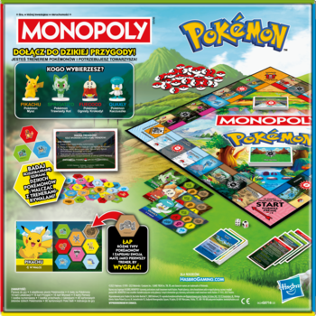 Tył pudełka gry Monopoly Pokemon: plansza, figurki (Pikachu), karty i Poke Balle na zielonym tle. Polski tekst.