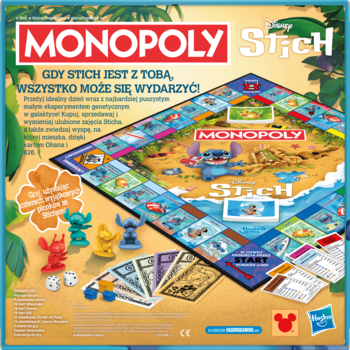 Tylne opakowanie gry Monopoly Stitch: kolorowa plansza, figurki Sticha, pieniądze i karty do gry.