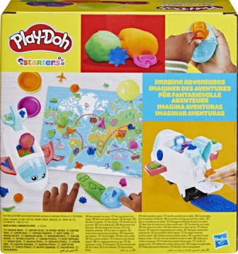 Tył opakowania Play-Doh Starters Samolot Odkrywcy, prezentujący pomysły na zabawę z ciastoliną i mapą świata.