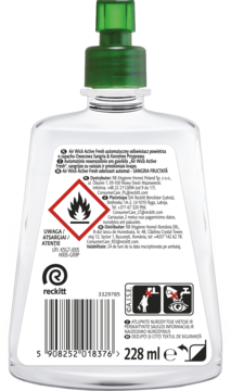 Tył przezroczystej butelki Air Wick Active fresh automatyczny odświeżacz powietrza 228 ml z zieloną pompką, widoczny symbol zagrożenia.