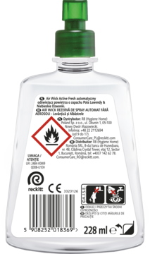 Tył butelki wkładu Air Wick Active Fresh Pola Lawendy, 228 ml, z etykietą i symbolami zagrożeń.
