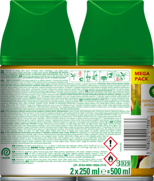 Tył dwupaku zielonych aerozoli Mega Pack, z białą etykietą pełną instrukcji, symboli ostrzegawczych i objętością 2x250ml.