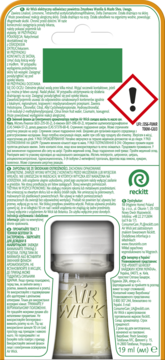 Tył opakowania Air Wick odświeżacza wkładu Wanilia & Masło Shea, widok butelki z żółtym płynem.