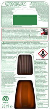 Tył etykiety automatycznego odświeżacza powietrza Reckitt, zapach Świeże Pranie & Biała Orchidea, 20 ml.