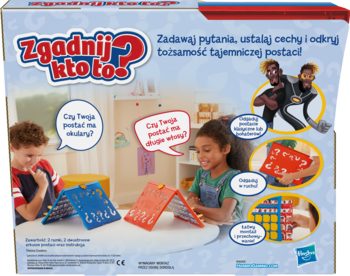 Tył pudełka gry "Zgadnij kto to?", z dziećmi grającymi i opisem dwustronnej planszy z superbohaterami.