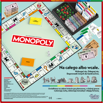 Monopoly: na całego albo wcale. Gra planszowa, widok z góry. Kolorowa plansza, banknoty, karty i tacka organizacyjna.