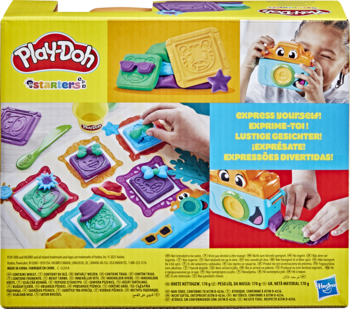 Tył opakowania Play-Doh Starters Fotozabawa. Widać kamerę, dzieci tworzące z ciastoliny paski i śmieszne pyszczki.