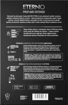 Tył czarnego opakowania męskiego zestawu Eterno Profumo Intenso: żel pod prysznic 300ml i dezodorant 75g.