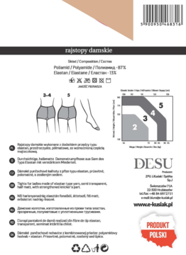 Etykieta rajstop damskich DESU: półmatowe, skład (poliamid, elastan), tabela rozmiarów, diagram dopasowania.
