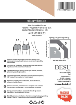 Tył opakowania rajstop damskich DESU: przezroczyste, półmatowe, z tabelą rozmiarów i składem. Produkt Polski.