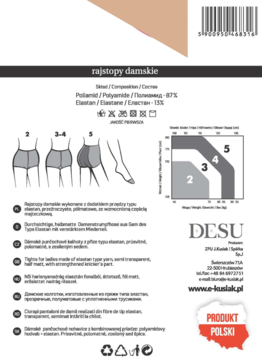 Białe opakowanie rajstop damskich DESU z opisem produktu, składem, tabelą rozmiarów oraz ilustracjami fasonów.