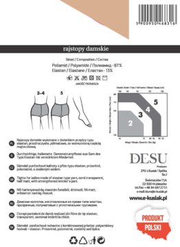 Front opakowania rajstop damskich DESU: półmatowe, z elastanem, tabela rozmiarów, rysunki sylwetek.