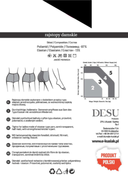 Biała karta informacyjna rajstop damskich DESU z ich składem (poliamid/elastan), tabelą rozmiarów i ilustracjami.