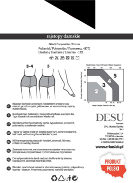 Etykieta rajstop damskich Desu z elastanem: przezroczyste, półmatowe, ze wzmocnieniem majteczkowym.