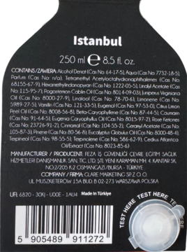 Zbliżenie na tył czarnej butelki zapachowej Sorvella Istanbul 250 ml z listą składników i kodem kreskowym.