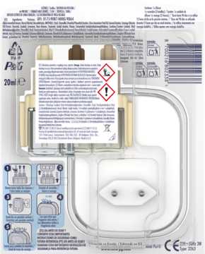 Tył opakowania Ambi Pur 3Vol Starter Sevilla Orange 20ml. Przezroczysty blister z wkładem elektrycznym o trzech zapachach i wtyczką.