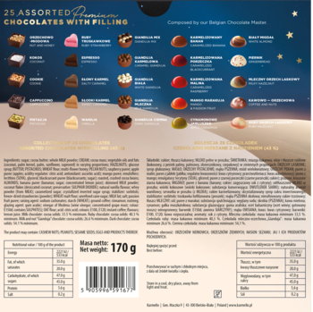 Tył opakowania 25 pralin z nadzieniem, z tabelami wartości odżywczych, składnikami, wagą i kodem kreskowym.