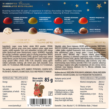 Tył opakowania czekoladek Karmello z nadzieniem 85g, ciemne tło w gwiazdki, opis smaków, skład i tabela wartości.