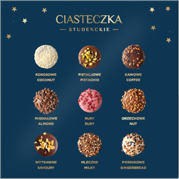 Ciasteczka Studenckie: 9 okrągłych czekoladowych trufli z różnorodnymi posypkami, np. kokos, pistacja, kawa, migdał.