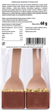 Tył opakowania czekolady Karmello mlecznej z pistacjami (68g), skład, wartości odżywcze i dwie czekoladowe łyżki.