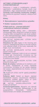 Ulotka o lotionie modelującym Over Shape Push-Up, kombucha, kolagen, instrukcje w wielu językach, różowe tło.