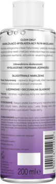 Tył butelki Clean Daily nawilżającego płynu micelarnego 200ml, fioletowa etykieta z kwasem hialuronowym i peptydami.