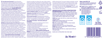 Tył opakowania pasty do zębów Sensodyne Extra Whitening 2x75ml, biały, z fioletowym tekstem, symbolami i kodem.