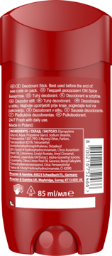 Tył czerwonego dezodorantu w sztyfcie Old Spice Bearglove 85ml z listą składników i kodem kreskowym, Made in Poland.