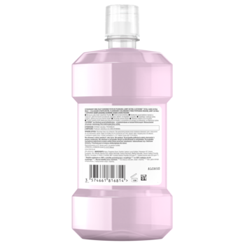 Różowa butelka Listerine Total Care Extra Mild, tył z informacjami i składem płynu do płukania jamy ustnej.