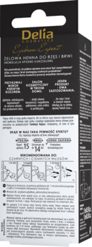 Tylna strona czarnego opakowania Delia Eyebrow Expert Żelowa Henna do rzęs i brwi z widocznymi instrukcjami i opisem.