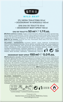 Tył opakowania zestawu STR8 WILD BEAT: woda toaletowa 50ml i dezodorant 150ml. Widoczne składy, ostrzeżenia.