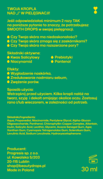 Tył zielonego opakowania serum SMOOTH DROPS 30ml z opisem PL: składniki aktywne (kwas salicylowy, niacynamid).