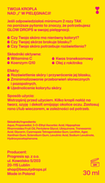Tył żółtego opakowania GLOW DROPS, serum z Wit. C i kwasem traneksamowym na rozświetlenie i koloryt skóry.