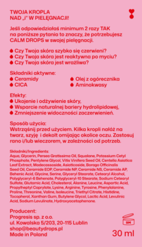 Informacyjna ulotka kosmetyku CALM DROPS do skóry wrażliwej z CICA i ceramidami, różowe tło.