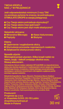 Tylna etykieta serum Stimulate Drops 30 ml, purpurowa butelka z białym tekstem, listą składników i użycia.