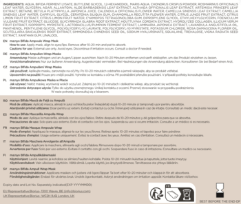 Tył opakowania Ma:nyo Bifida Ampoule Wrap Mask, hydrożelowej maski, z wielojęzycznymi instrukcjami użycia.