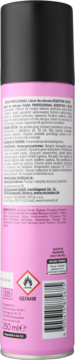 Tył różowo-czarnego lakieru do włosów Isana Professional Keratin & Glanz, z tekstem, ostrzeżeniem i kodem kreskowym.