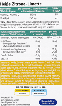 Zbliżenie na tył saszetki altapharma Heiße Zitrone-Limette, suplementu z witaminą C i cynkiem, z pełną tabelą odżywczą.