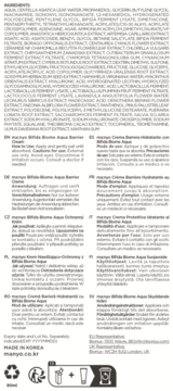 Tył opakowania kremu manyo Bifida Biome Aqua Barrier Cream, z listą składników i instrukcjami użycia w wielu językach.