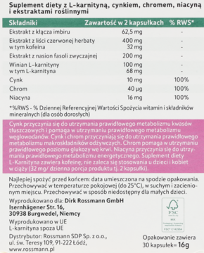 Tył różowego opakowania suplementu diety z L-karnityną, cynkiem, chromem i niacyną. Tabela składników w PL.