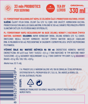 Tył butelki LEROS Tea, napoju probiotycznego 330 ml, z białą etykietą zawierającą skład i wartości odżywcze.