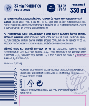 Tył etykiety Leros Yerba Mate 330ml, sfermentowanego napoju gazowanego z probiotykami.