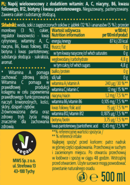 Tył etykiety napoju Tymbark Vital Uroda. Zielono-żółta naklejka z tabelą wartości odżywczych i składników.