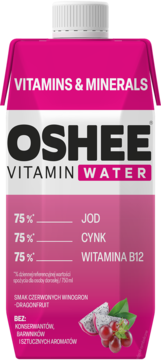 Różowy OSHEE Vitamin Water o smaku czerwonych winogron i dragonfruit, z witaminami, widok z przodu.