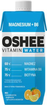 OSHEE Vitamin Water Magnesium+B6 cytryna-pomarańcza, niebieskie opakowanie z owocami, widok z przodu.
