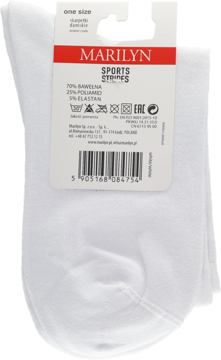 Białe skarpetki damskie Marilyn Sports Stripes, one size, z metką produktu widoczną od przodu.