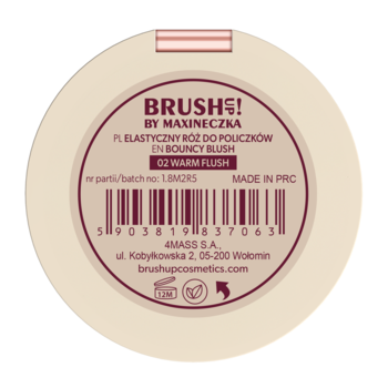 Tył okrągłego opakowania elastycznego różu Brush UP! by Maxineczka Warm Flush. Beżowy z brązową etykietą.
