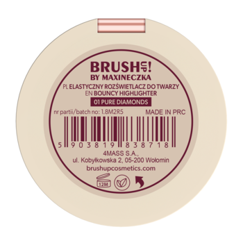 Tył beżowego, okrągłego opakowania rozświetlacza BRUSH! BY MAXINECZKA Bouncy Highlighter, z bordową etykietą.