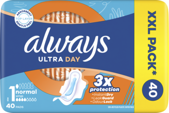 Opakowanie podpasek Always Ultra Day Normal 1, 40 szt., widok z przodu, niebiesko-pomarańczowe z napisem XXL Pack.