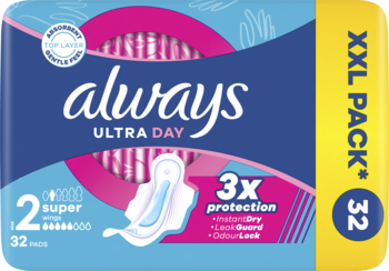 Always Ultra Day Super XXL, 32 podpaski rozmiar 2, 3x ochrona, niebiesko-różowe opakowanie, widok z przodu.